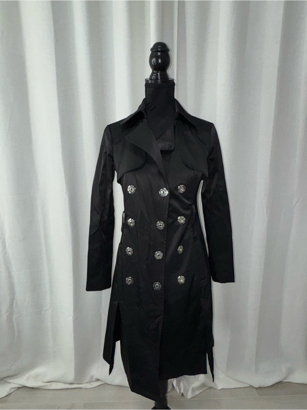 bebe Black Double-Breasted Satin Trench Coat